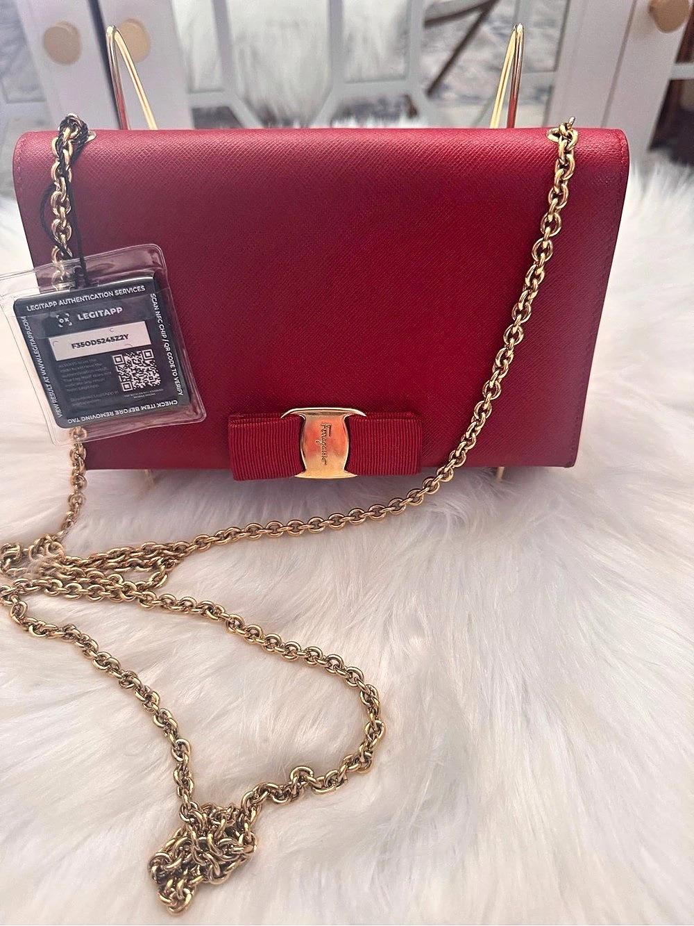 Salvatore Ferragamo Miss Vara Bow Saffiano Chain Wallet Crossbody Red